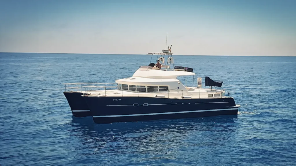 Boat Rental-Storm-in-Lagoon-Powercat-43-Benalmádena-1 Alquiler de Catamaran de Lujo en Benalmádena | Grupo disfrutando en proa del Lagoon Powercat 43