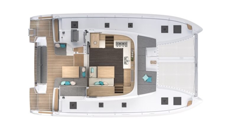 Plano del salón del catamarán Lagoon Powercat 43
