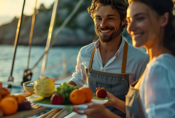 Servicio de frutas a bordo de un catamarán para explicar qué incluye un alquiler de barco privado