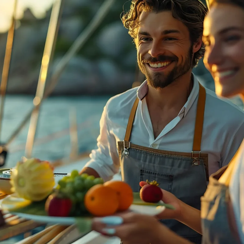 Servicio de frutas a bordo de un catamarán para explicar qué incluye un alquiler de barco privado