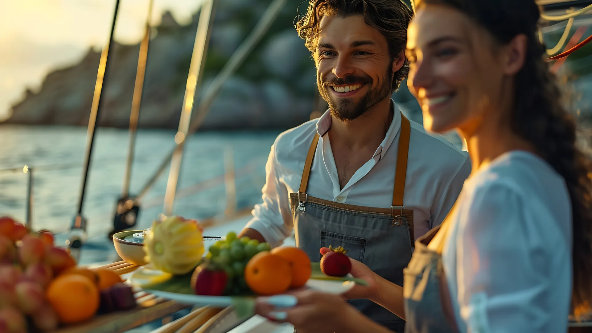 Servicio de frutas a bordo de un catamarán para explicar qué incluye un alquiler de barco privado