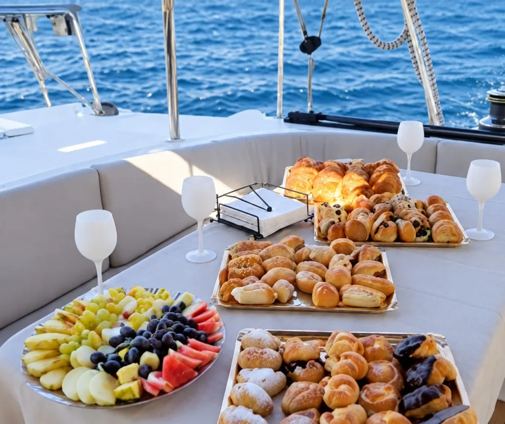 Aperitivos a bordo del catamarán Aperitivos y fruta preparados en la cubierta de un catamarán