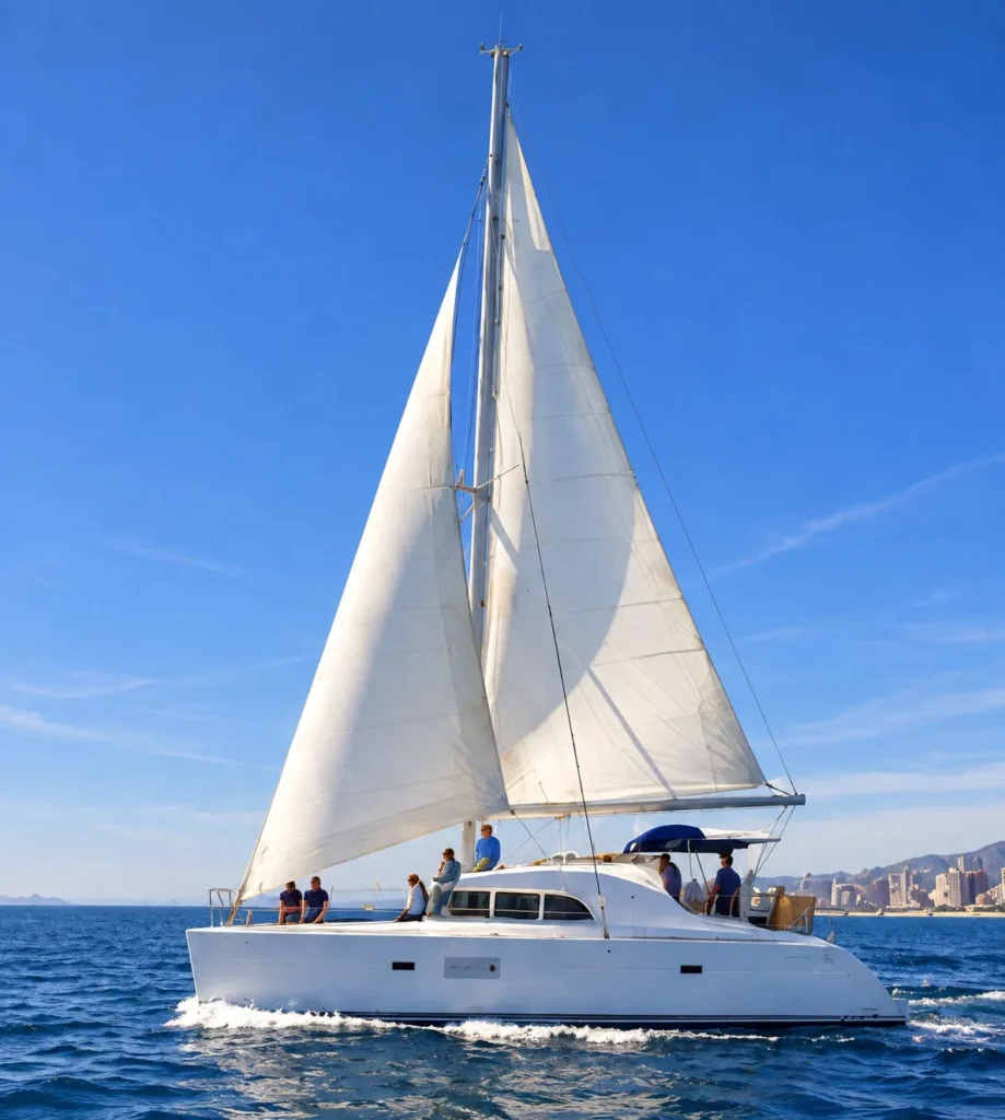 Catamarán Lagoon 410 en Benalmádena Catamarán de vela blanco navegando frente a la costa