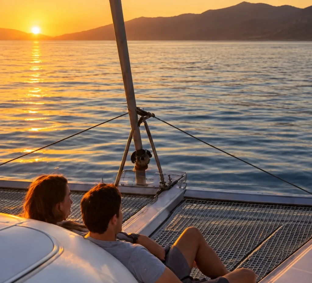 Paseo en catamarán al atardecer Pareja disfruta del atardecer a bordo de un catamarán